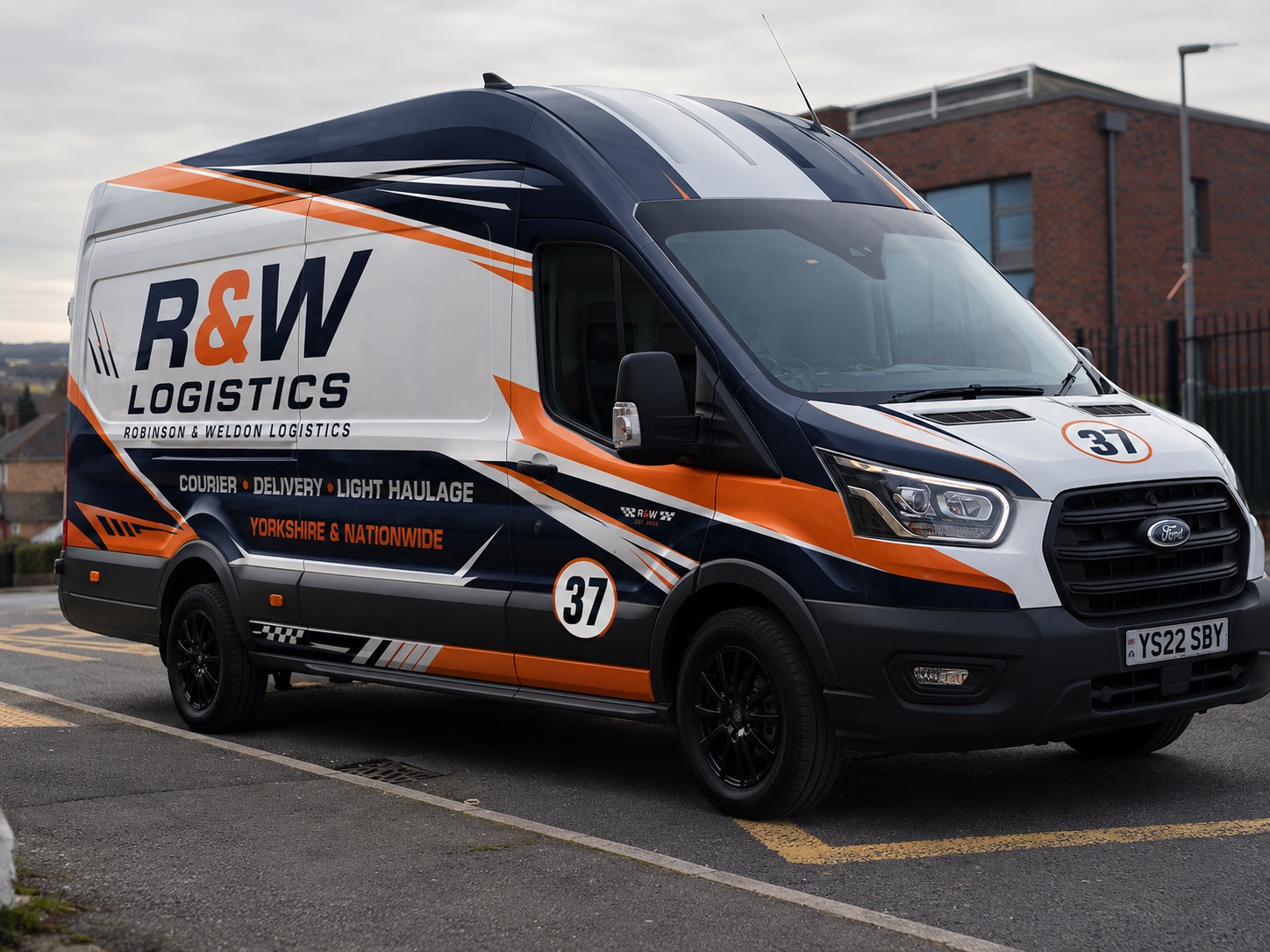 R&W navy and orange livery concept on a Ford Transit van